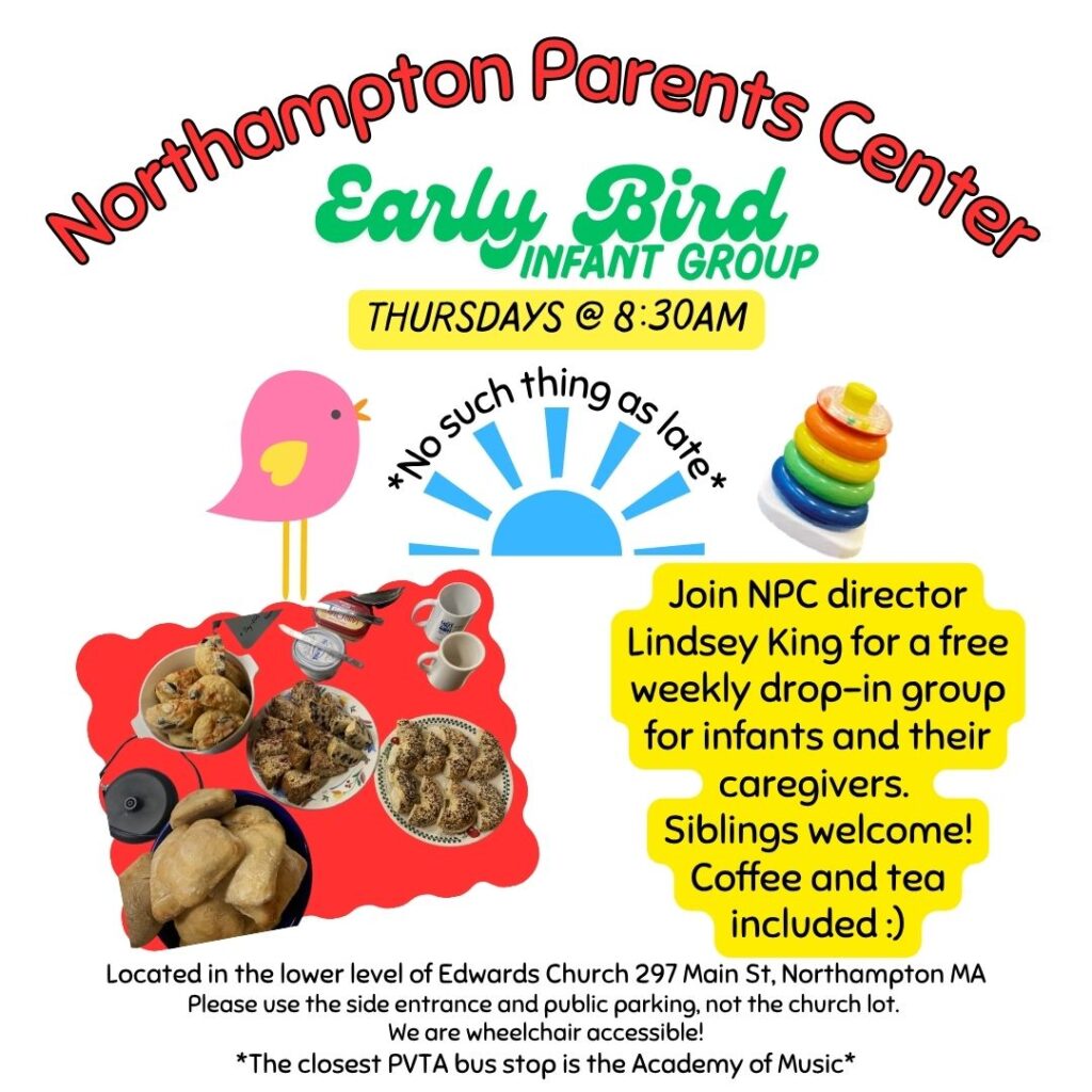 NPC Early Bird Infant Group mini flyer - picture of stacking rings, pink bird, photo of various breakfast pastries and blue rising sun surrounding text on Early Bird group.