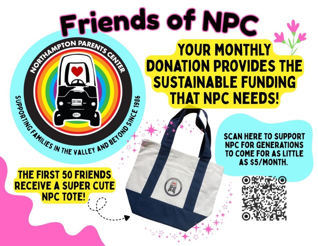 Friends of NPC cozy coupe logo in rainbow circle with picture of NPC tote bag,