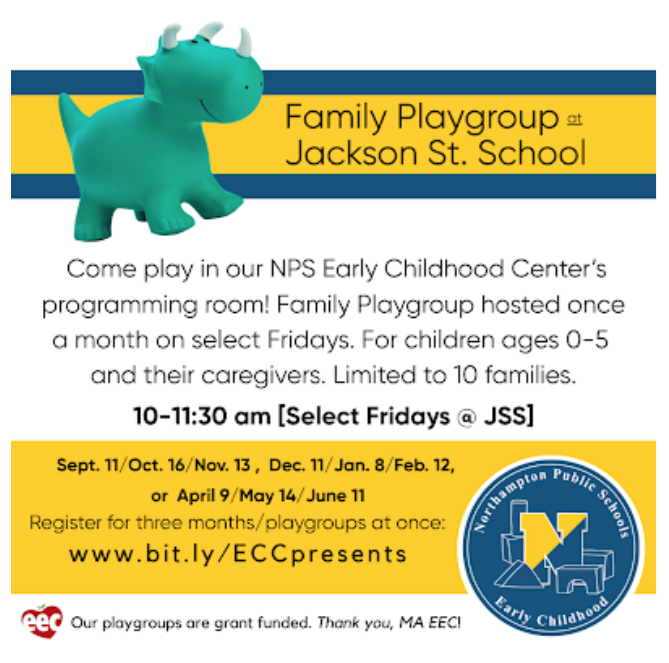Jade green bouncy dinosaur on yellow and blue striped banner, Northampton Public Schools Early Childhood Center logo.