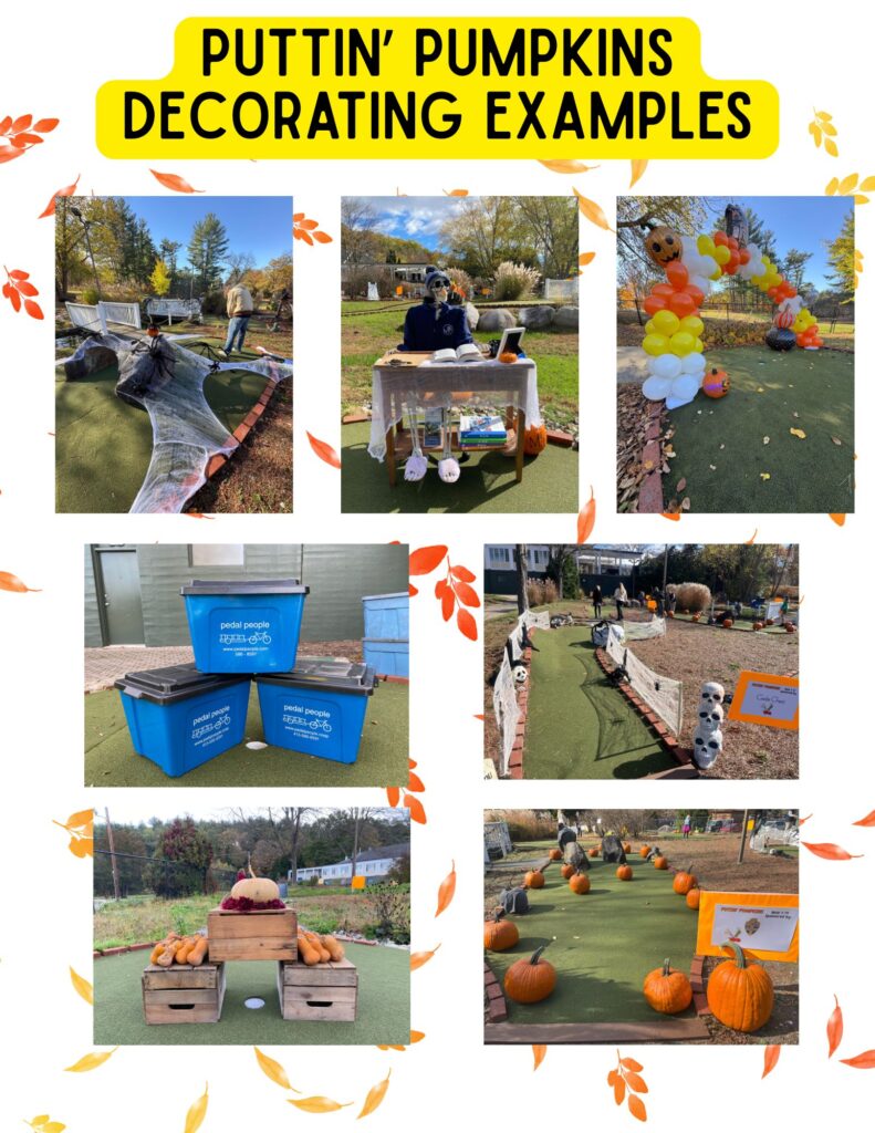 Various festival fall photos of golf hole decorations - bagel with teeth, skeleton dressed as tax accountant, pumpkins.
