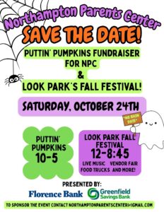 NPC Save the Date for Puttin' Pumpkins with cute spide in corner and cute ghost holding "No rain date" sign.