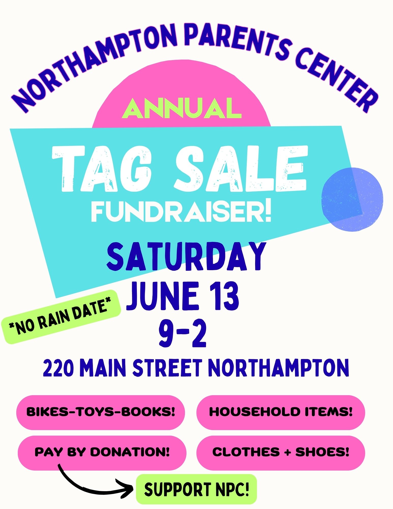 THIS Saturday, June 13 – NPC’s Annual Tag Sale Fundraiser!