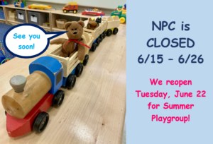 Small toy bear in wooden train toy with See you Soon speech bubble.