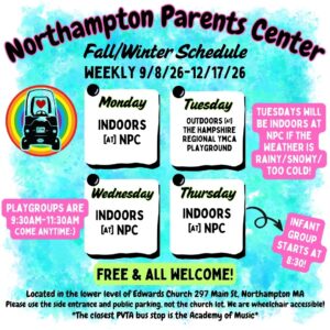 NPC fall and winter schedule with rainbow car logo and pink text on blue background: Mondays indoors, Tuesdays at Hampshire YMCA, Wednesday indoors, Thursday indoors.