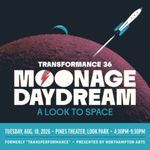 Text of Transformance 36 Moonage Daydream, A look to Space with picture of rocket blasting off of moon and earth behind moon.
