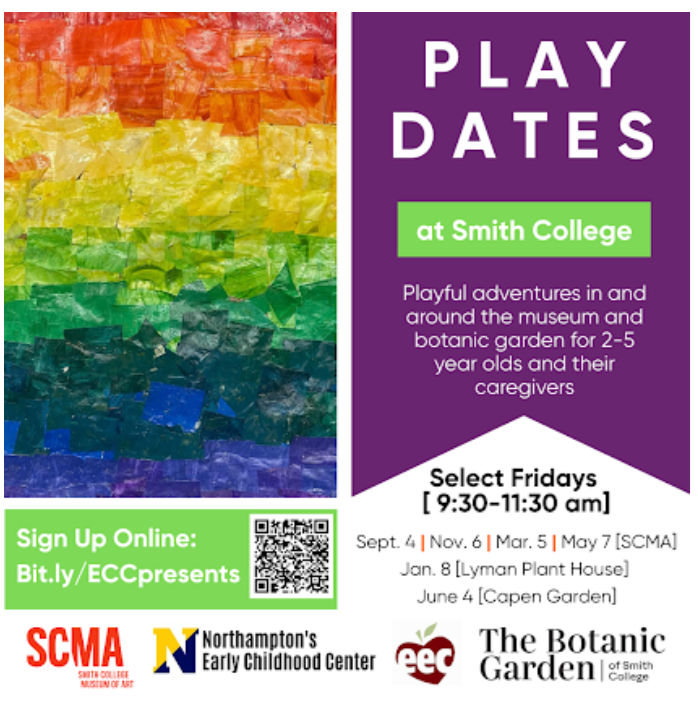 Tissue paper rainbow collage, text on purple background with logoos for Northampton Public Schools Early Childhood Center. Smith College Museum of Arts, and the Botanic Garden of Smith College.